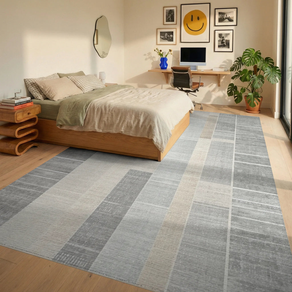 Pale Blue Tan Gray Rectangular Blocks Rug - Bedroom View