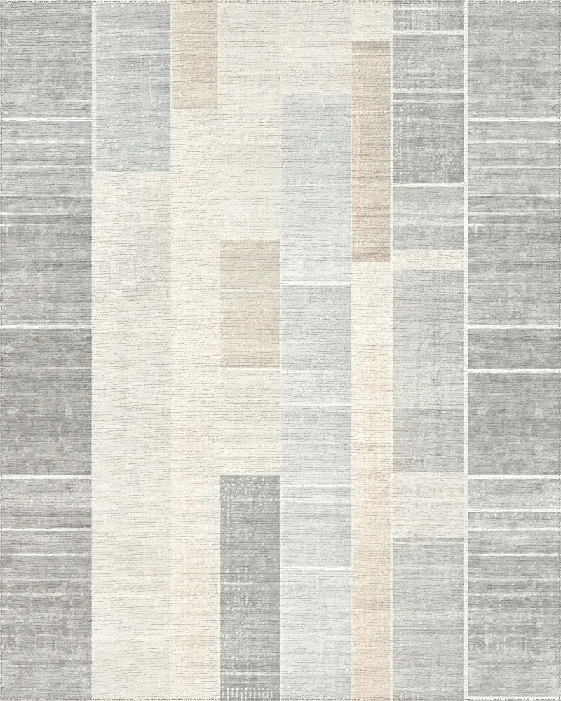 Pale Blue Tan Gray Rectangular Blocks Rug - Cutout View