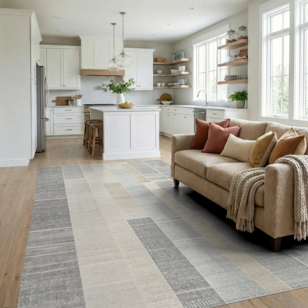 Pale Blue Tan Gray Rectangular Blocks Rug - Living Room View