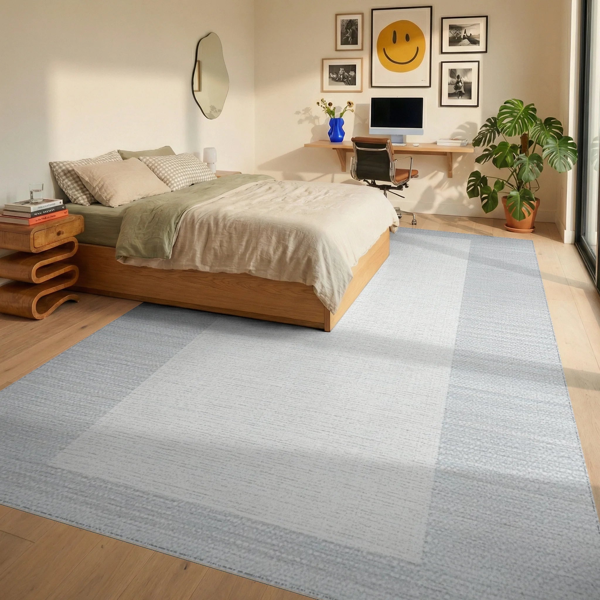 Pale Blue Textured Striped Fabric Rug - Bedroom View