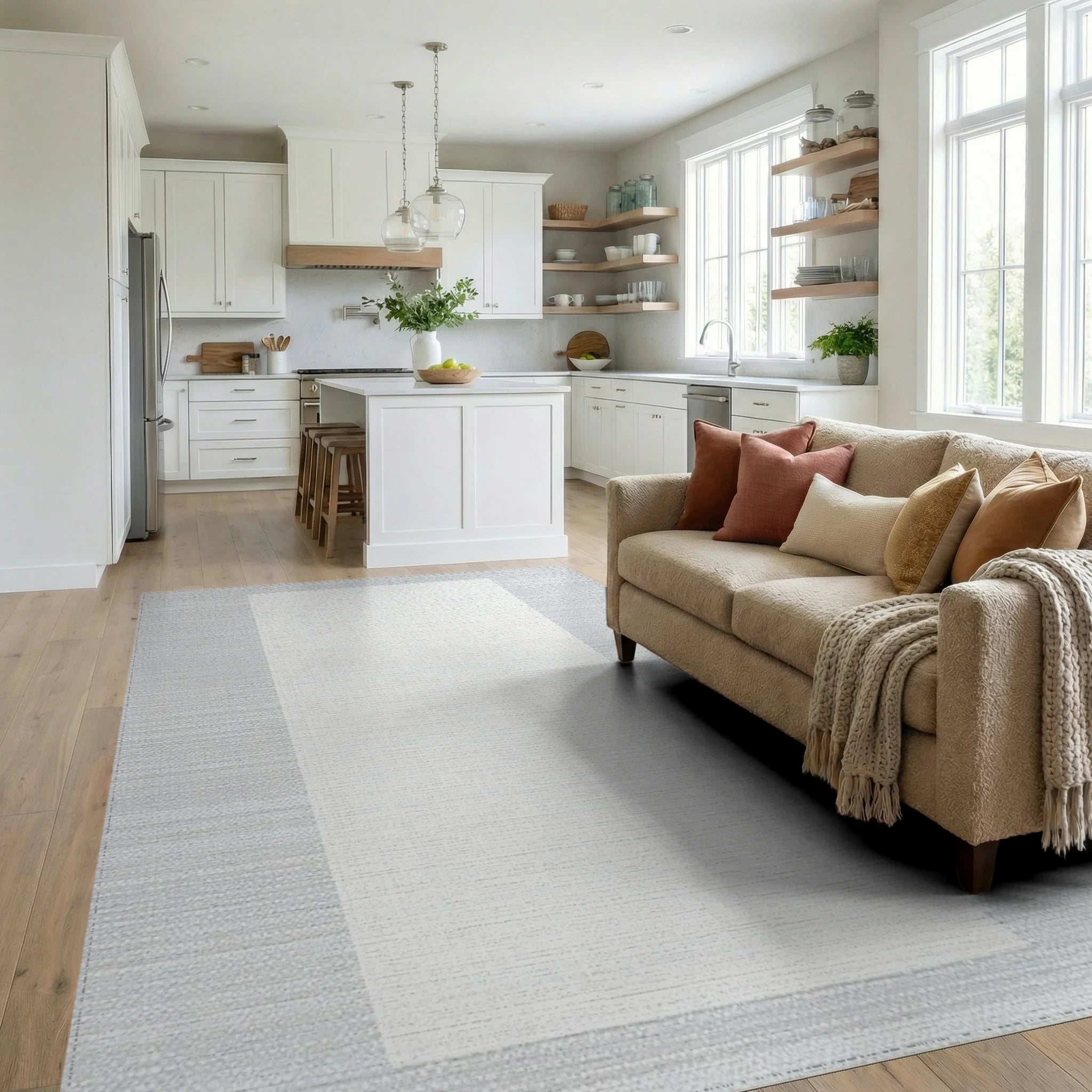Pale Blue Textured Striped Fabric Rug - Living Room View