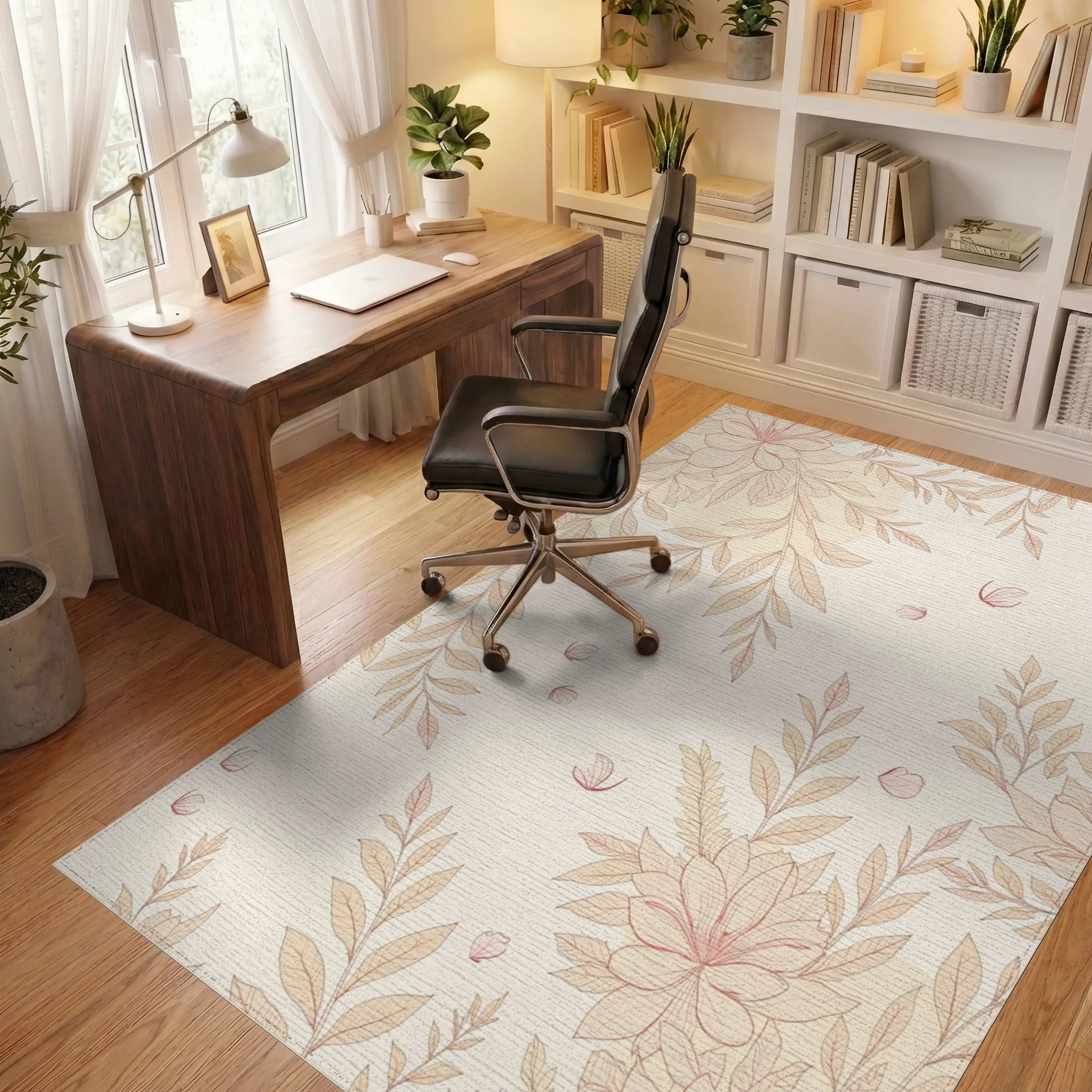 Pale Cream Floral Branch Illustration Rug Office View