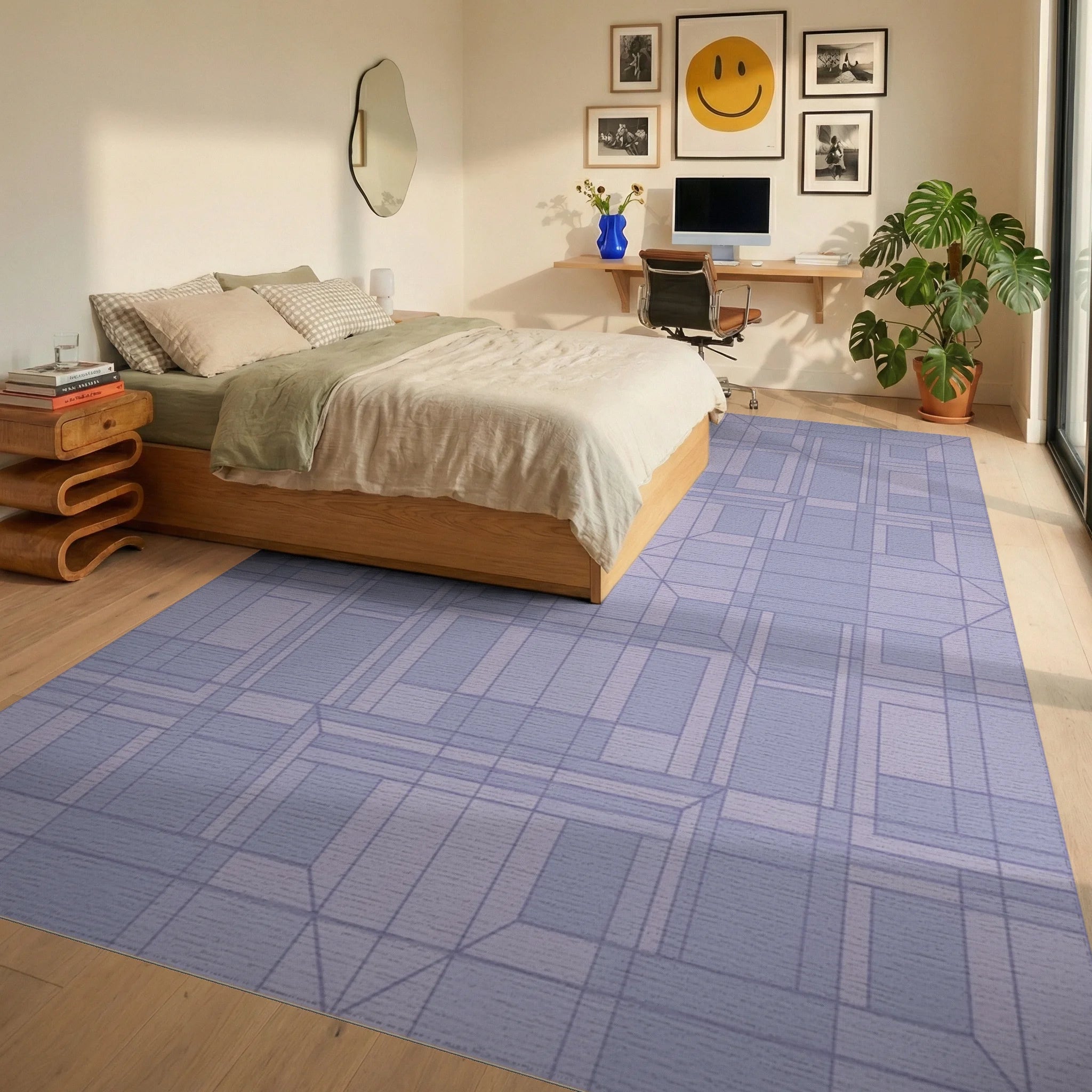 Pale Lavender Geometric Architectural Rug Bedroom View