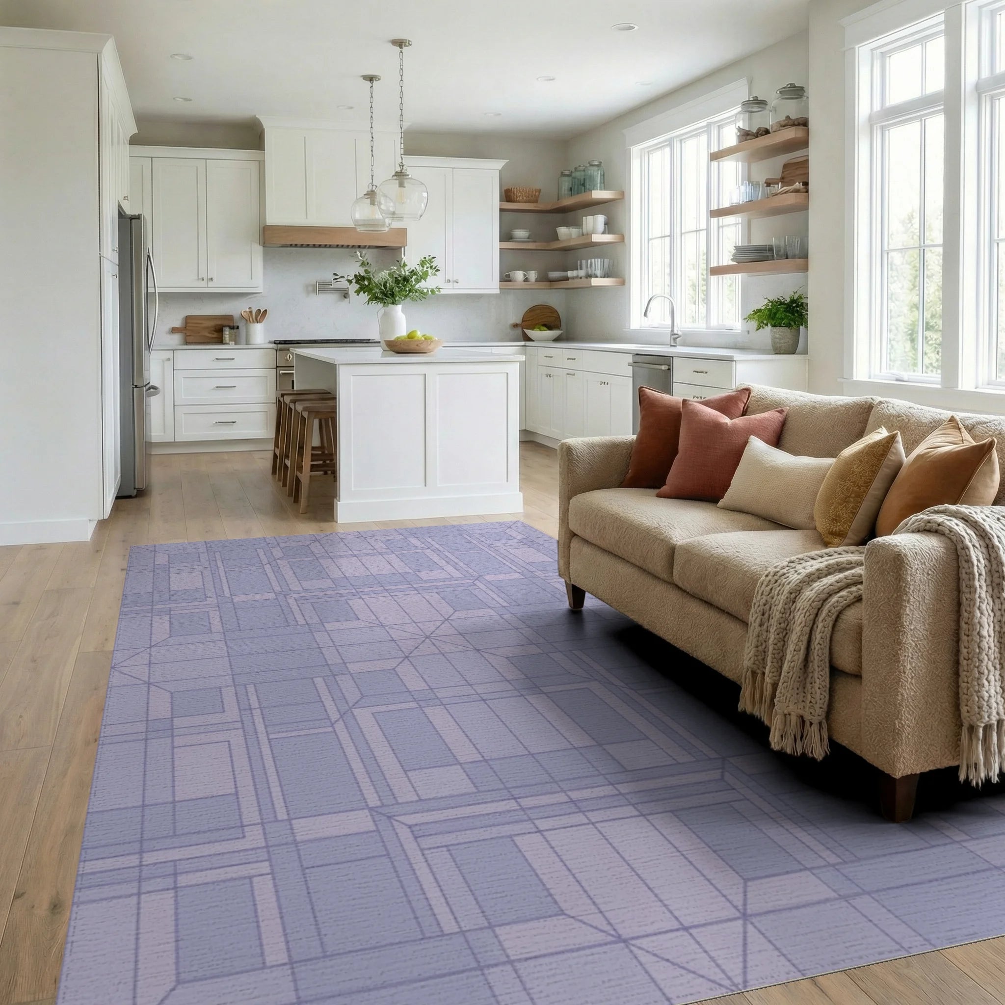 Pale Lavender Geometric Architectural Rug Living Room View