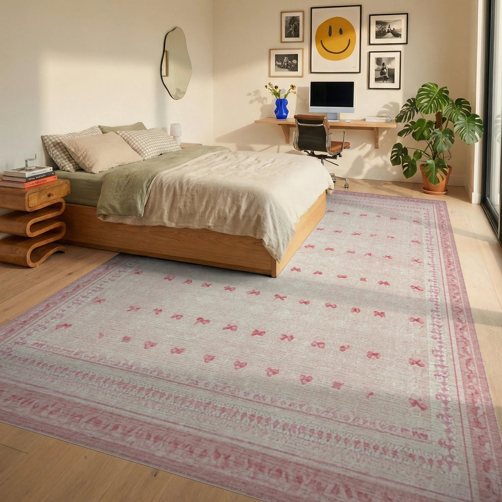 Pale Pink Bow Motif Stripe Rug - Bedroom View