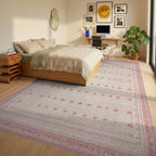 Pale Pink Bow Motif Stripe Rug - Bedroom View