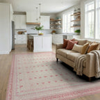 Pale Pink Bow Motif Stripe Rug - Living Room View