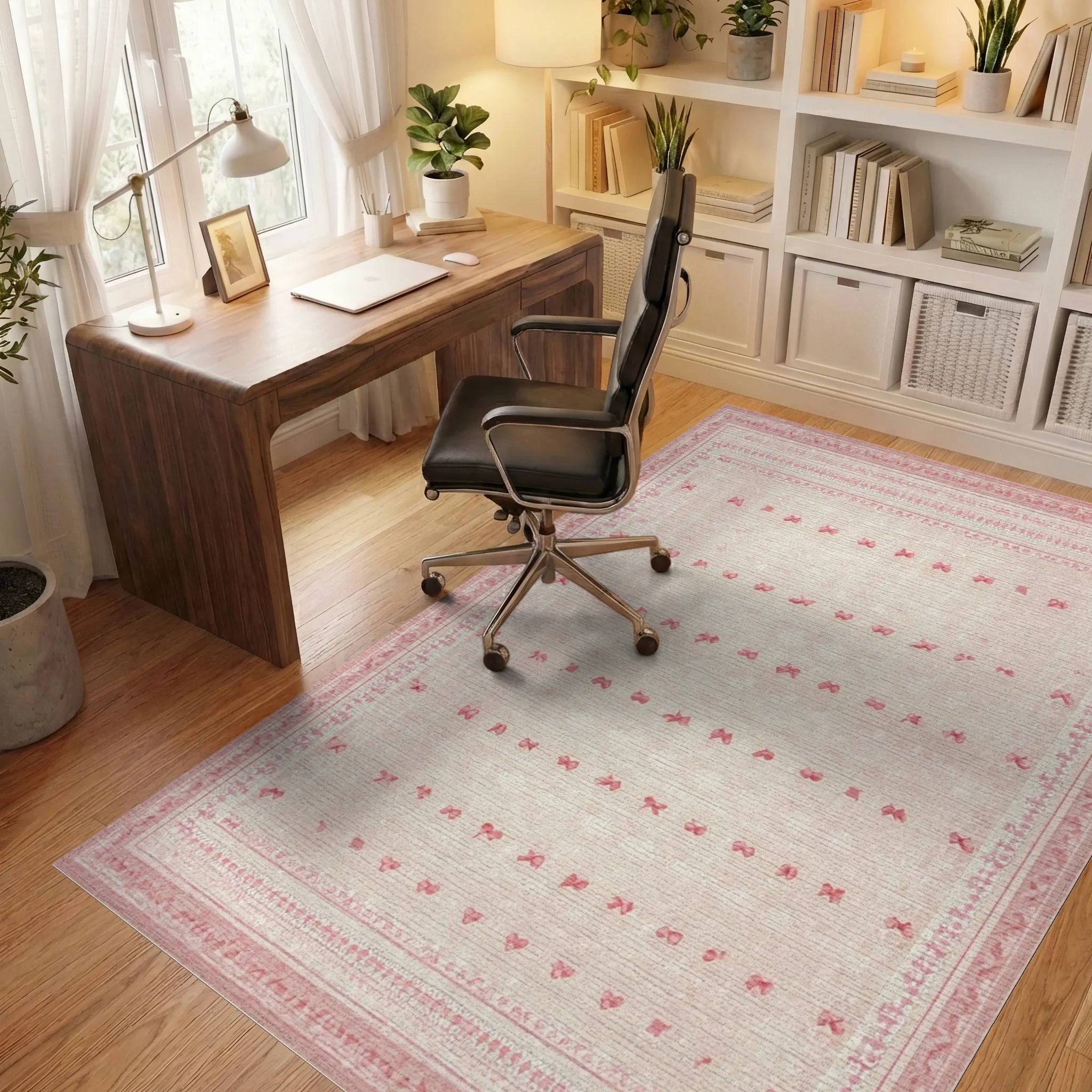 Pale Pink Bow Motif Stripe Rug - Office View