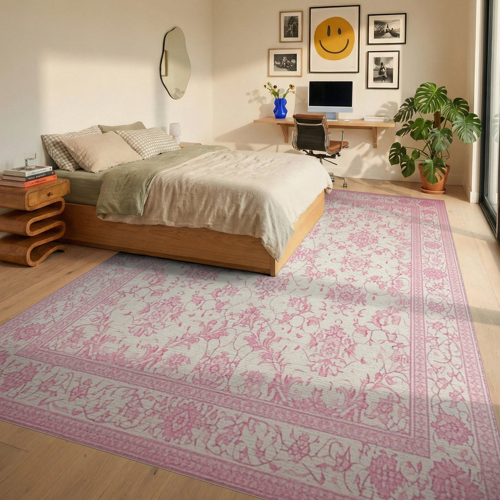 Pale Pink Floral Arabesque Damask Rug - Bedroom View