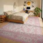 Pale Pink Floral Arabesque Damask Rug - Bedroom View