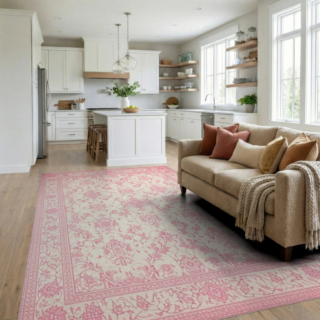 Pale Pink Floral Arabesque Damask Rug - Living Room View