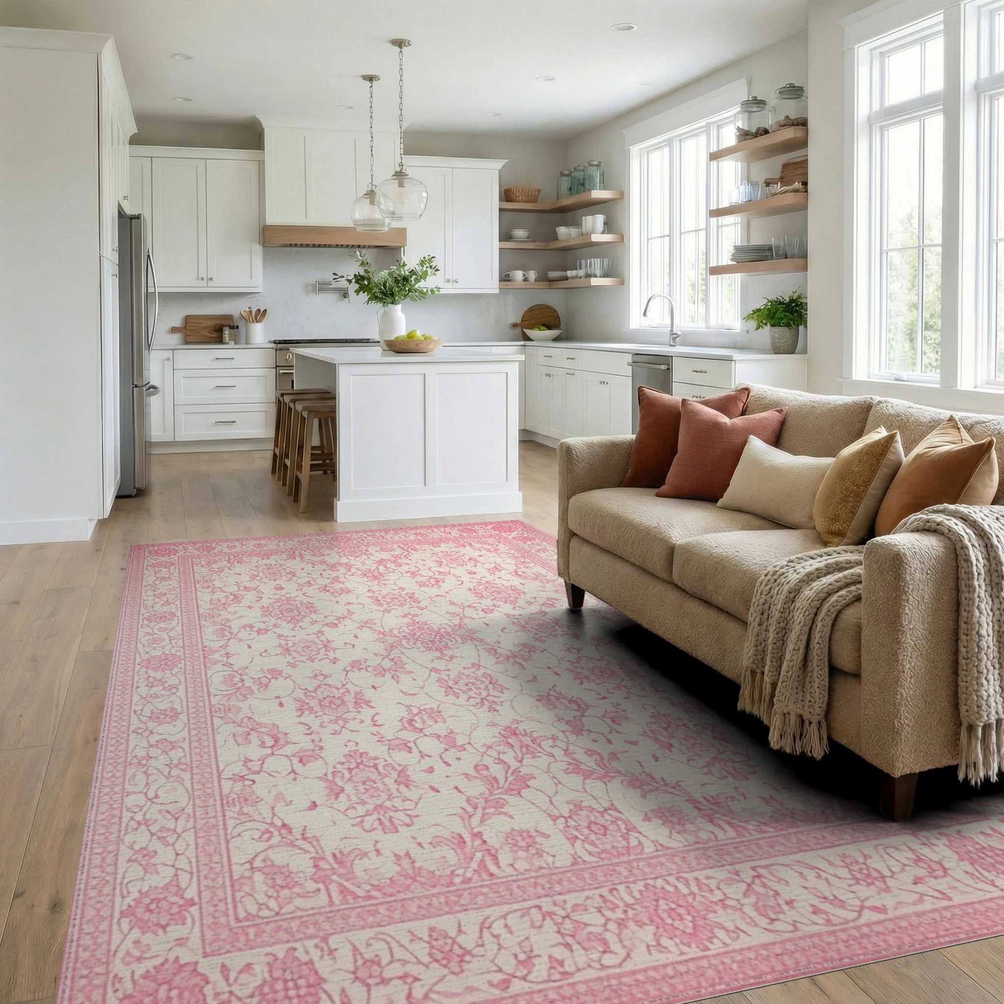 Pale Pink Floral Arabesque Damask Rug - Living Room View