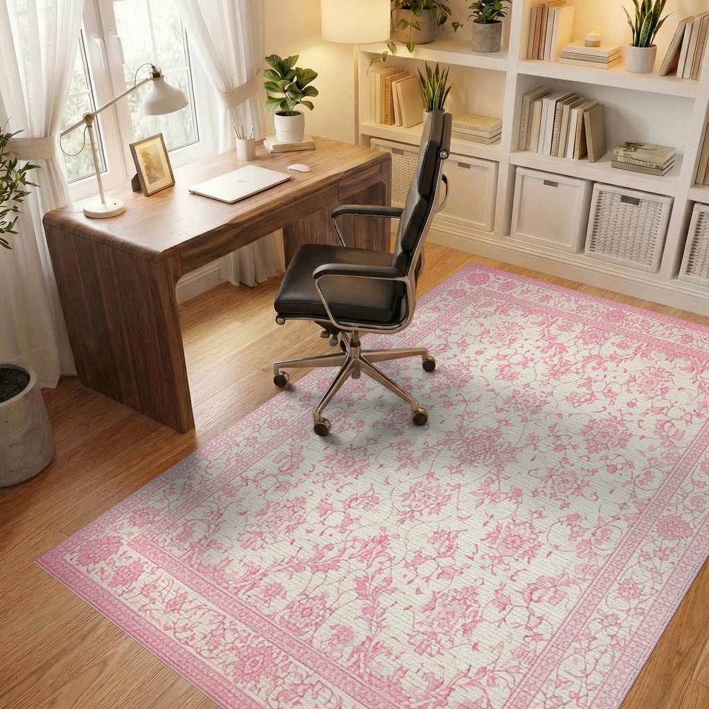 Pale Pink Floral Arabesque Damask Rug - Office View