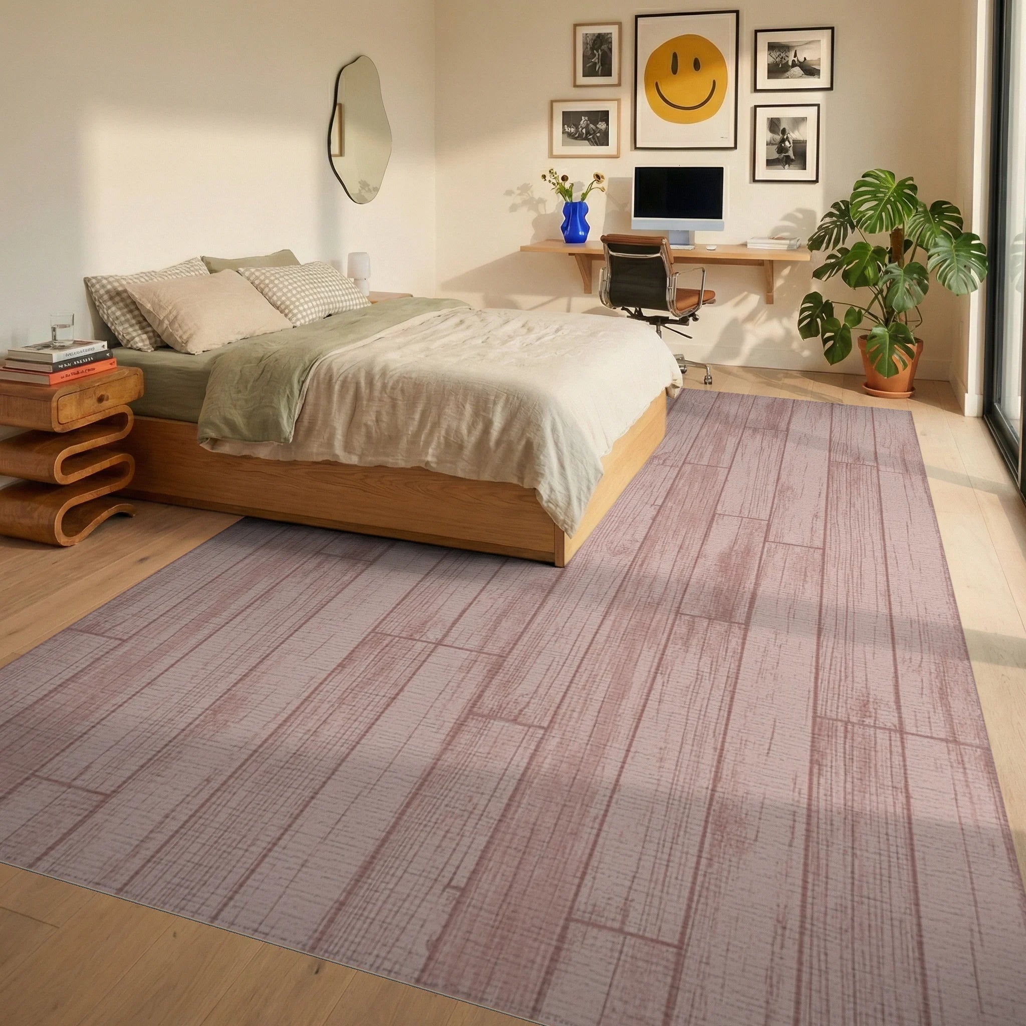 Pale Rose Wood Plank Texture Rug Bedroom View