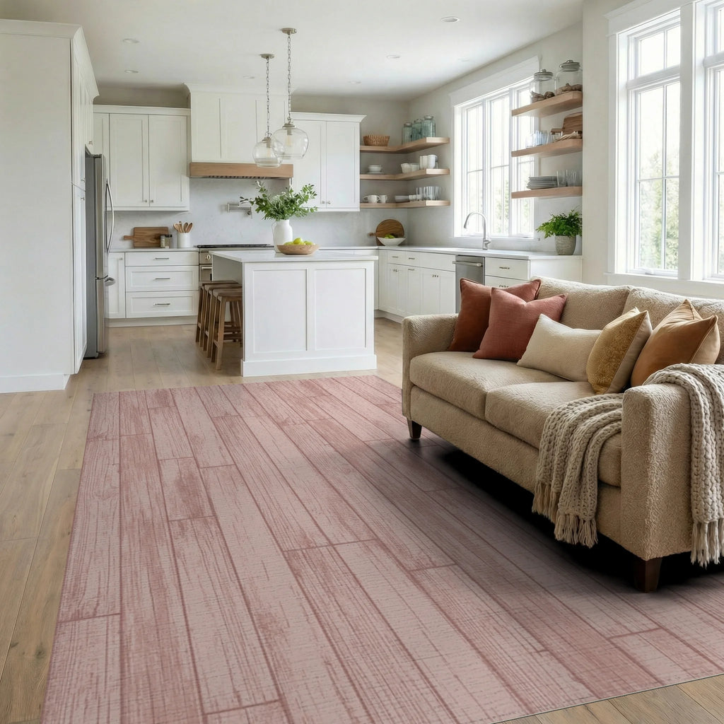 Pale Rose Wood Plank Texture Rug Living Room View