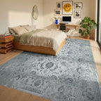 Pale Slate Vintage Floral Scroll Rug Bedroom View