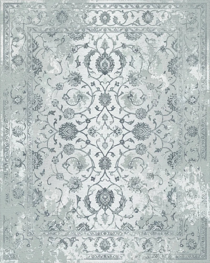 Pale Slate Vintage Floral Scroll Rug - Cutout View