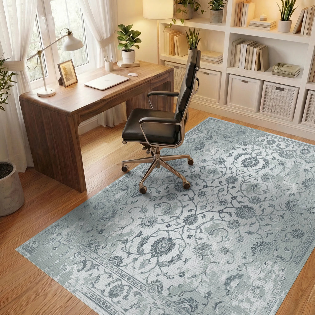 Pale Slate Vintage Floral Scroll Rug Office View