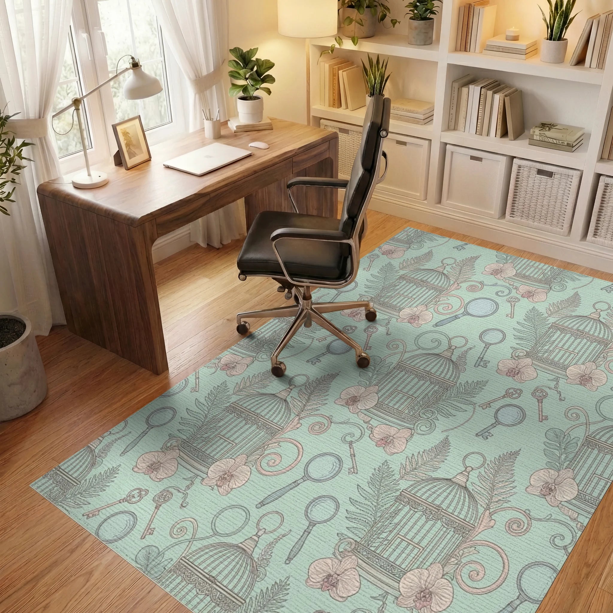 Pastel Birdcage Orchid Keys Magnifying Glass Rug Office View