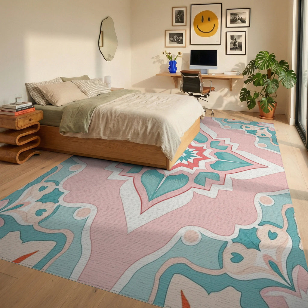 Pastel Floral Medallion Pattern Rug Bedroom View