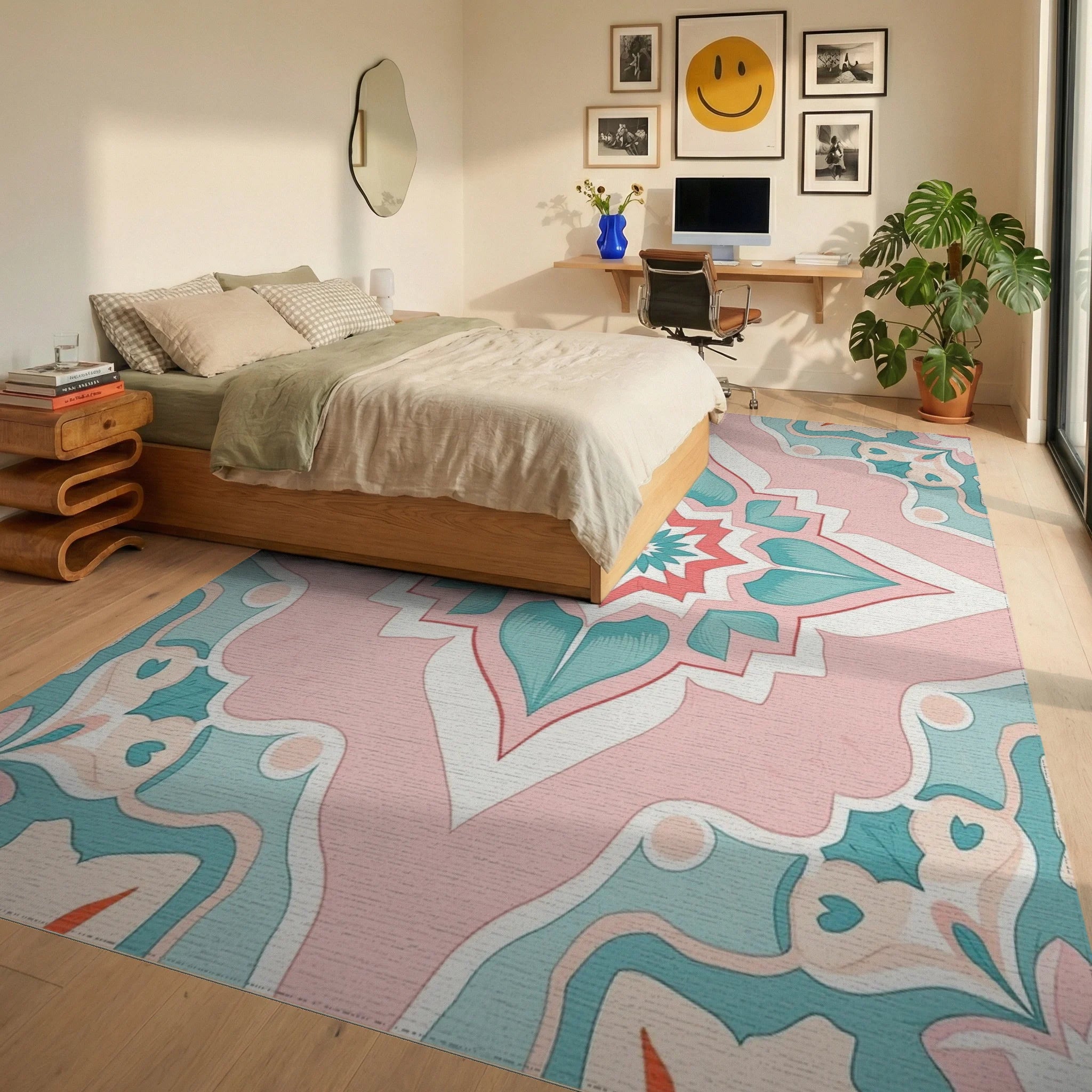 Pastel Floral Medallion Pattern Rug Bedroom View