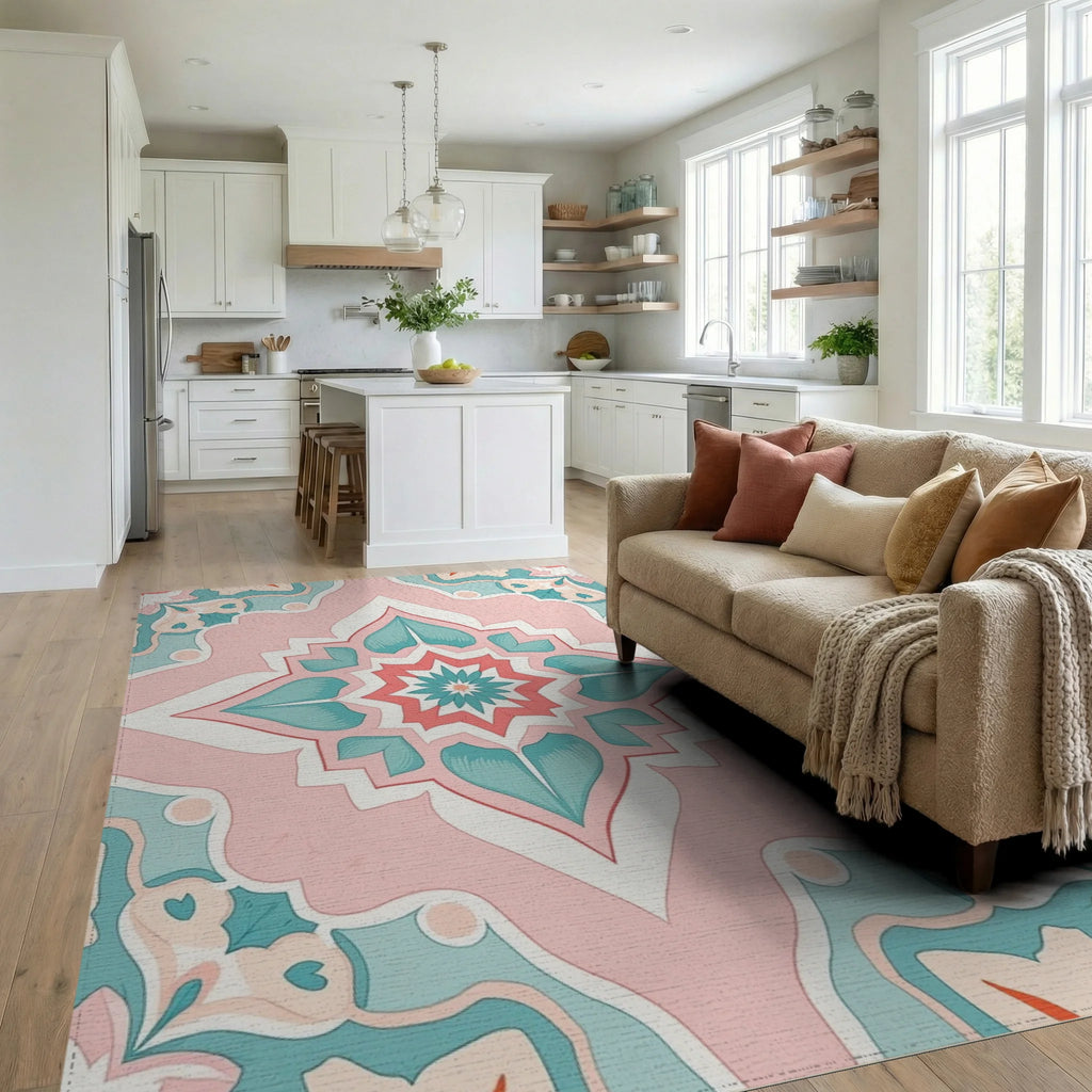 Pastel Floral Medallion Pattern Rug Living Room View
