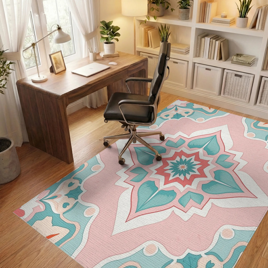 Pastel Floral Medallion Pattern Rug Office View