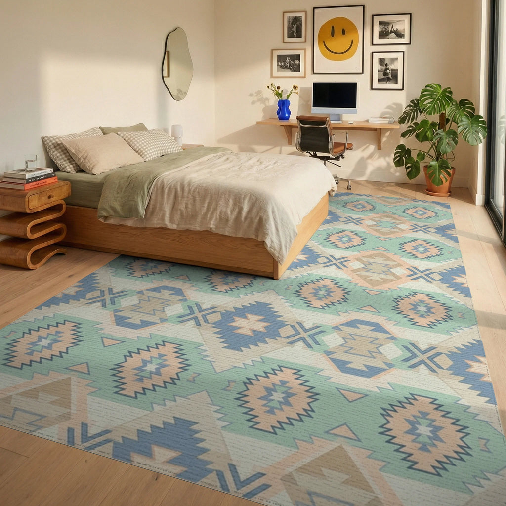 Pastel Geo Diamond Southwestern Blanket Rug Bedroom View
