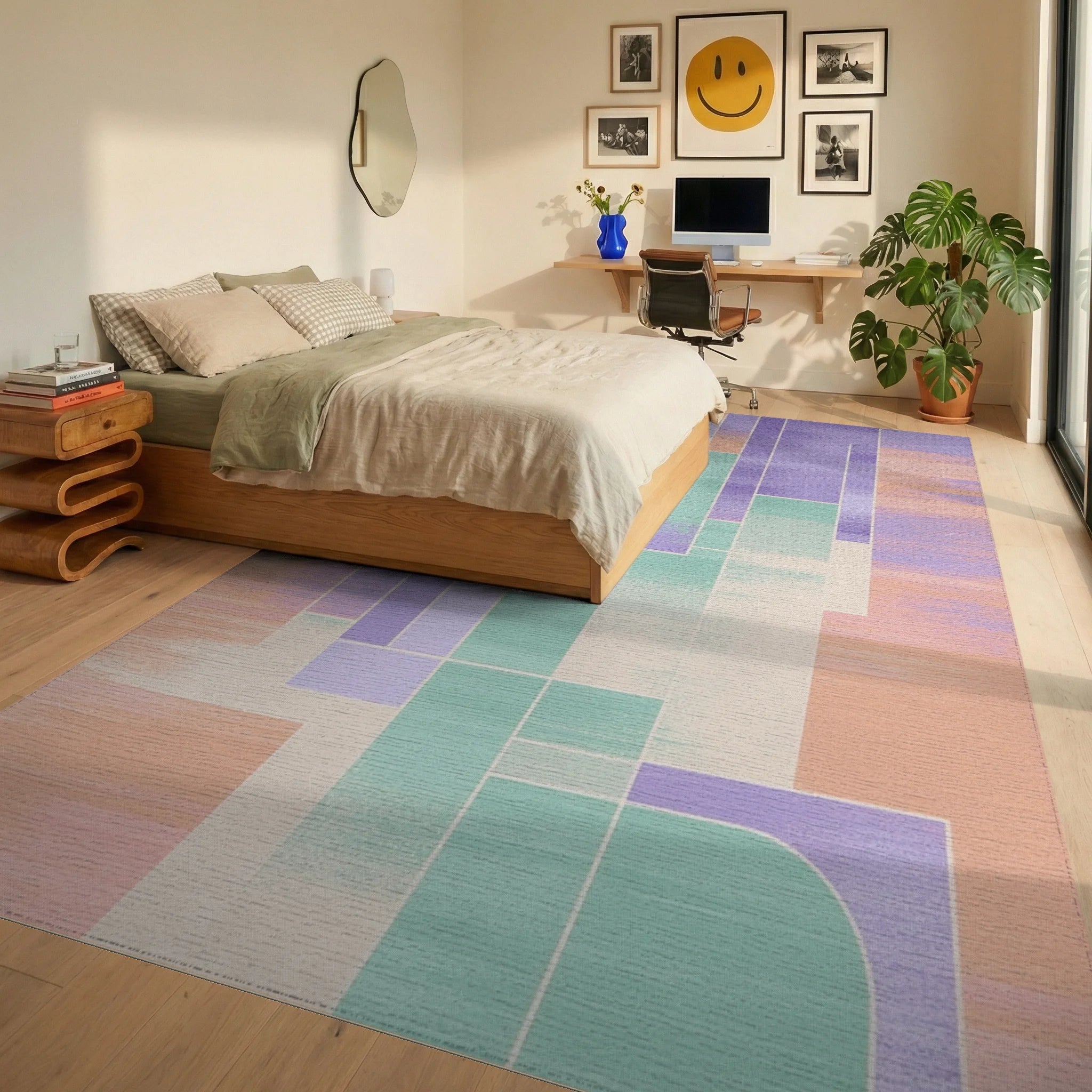 Pastel Geometric Abstract Blocks Rug Bedroom View