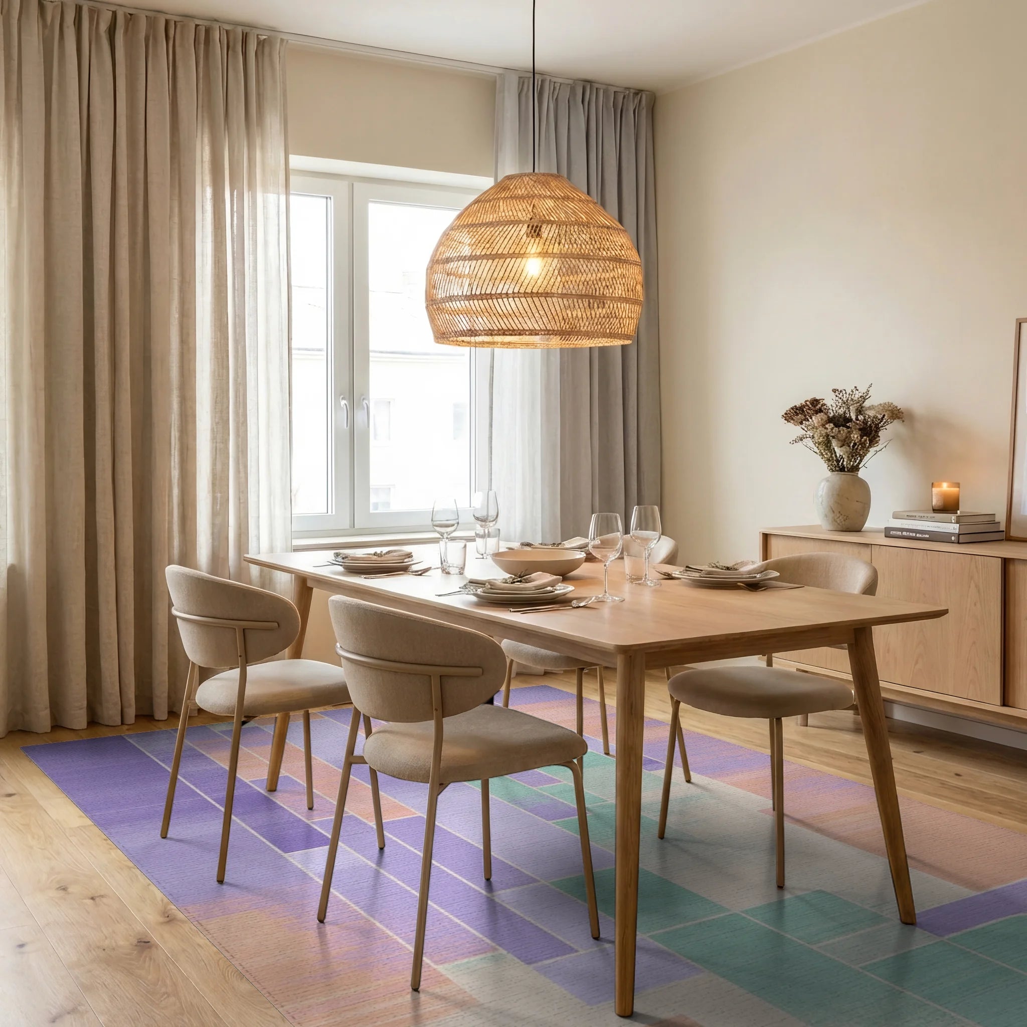 Pastel Geometric Abstract Blocks Rug Dining Room View