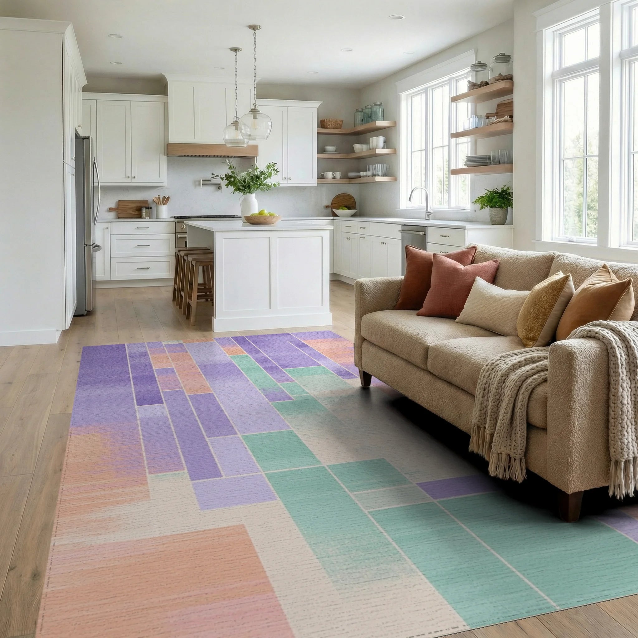 Pastel Geometric Abstract Blocks Rug Living Room View