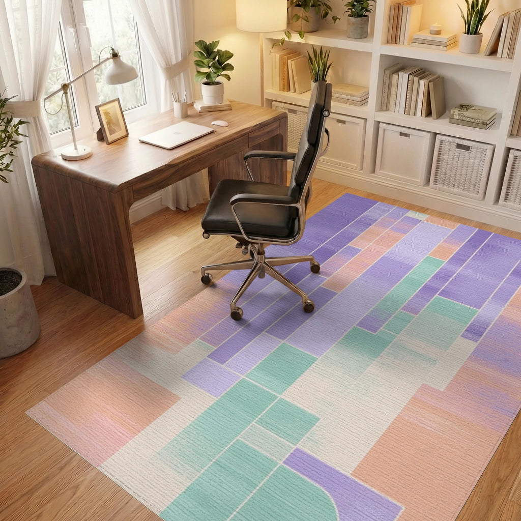 Pastel Geometric Abstract Blocks Rug Office View