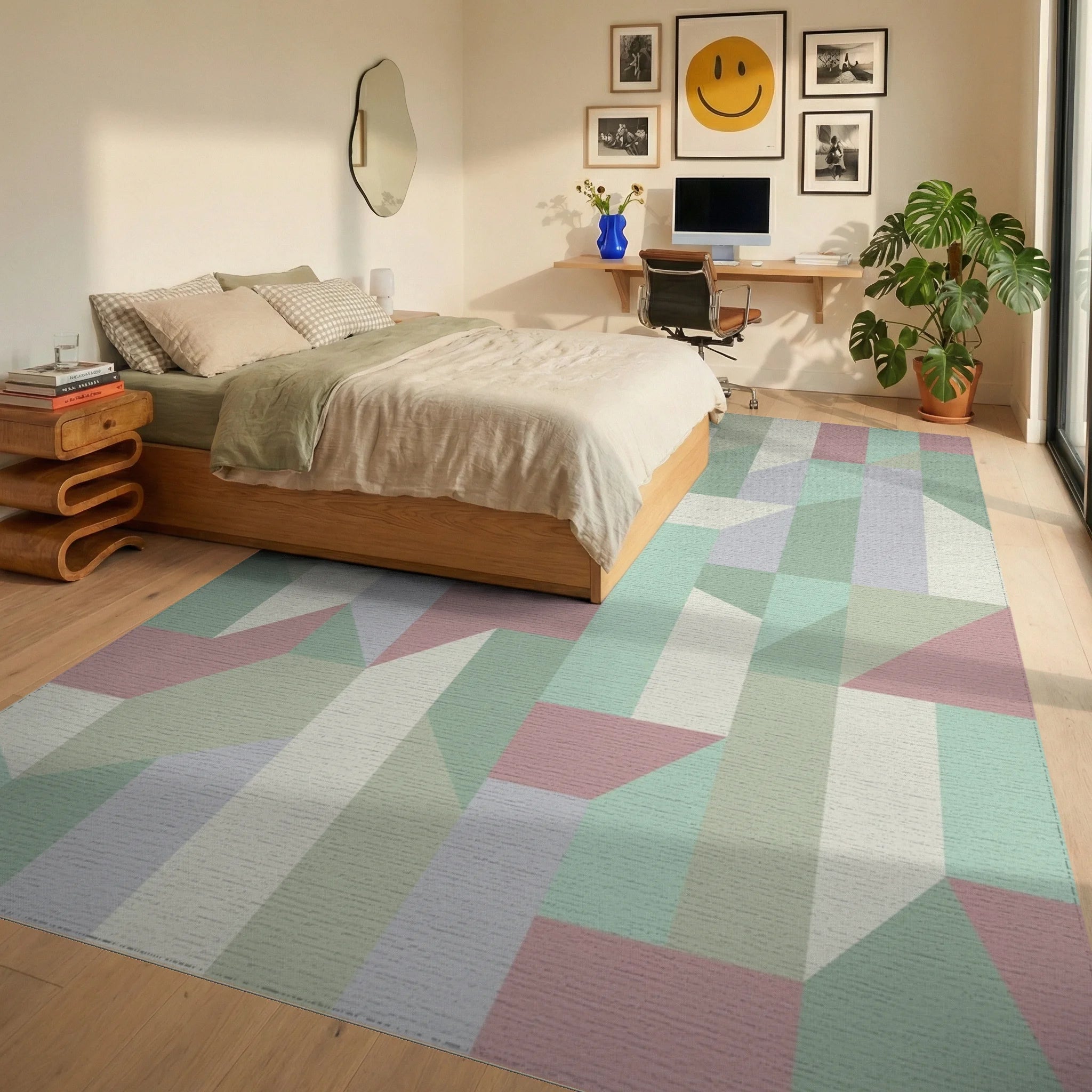 Pastel Geometric Interlocking Block Rug Bedroom View
