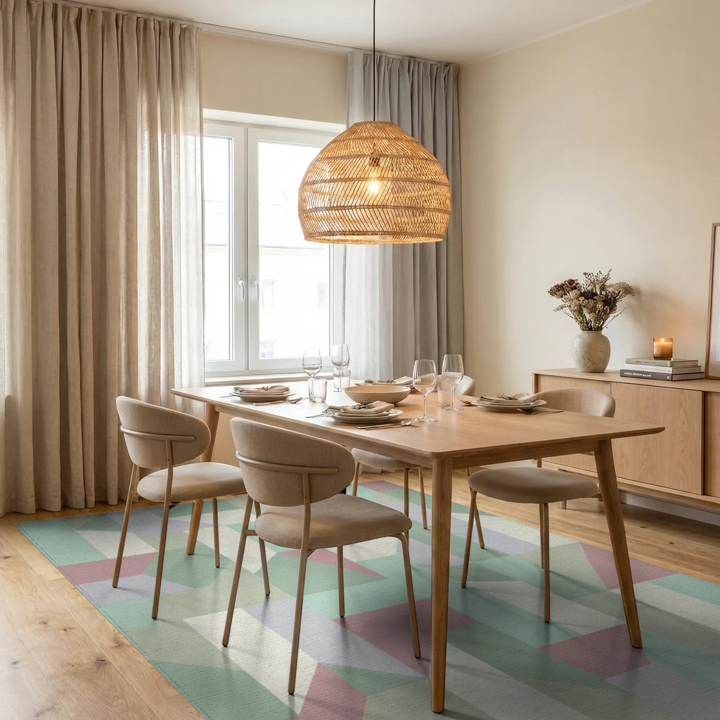 Pastel Geometric Interlocking Block Rug Dining Room View