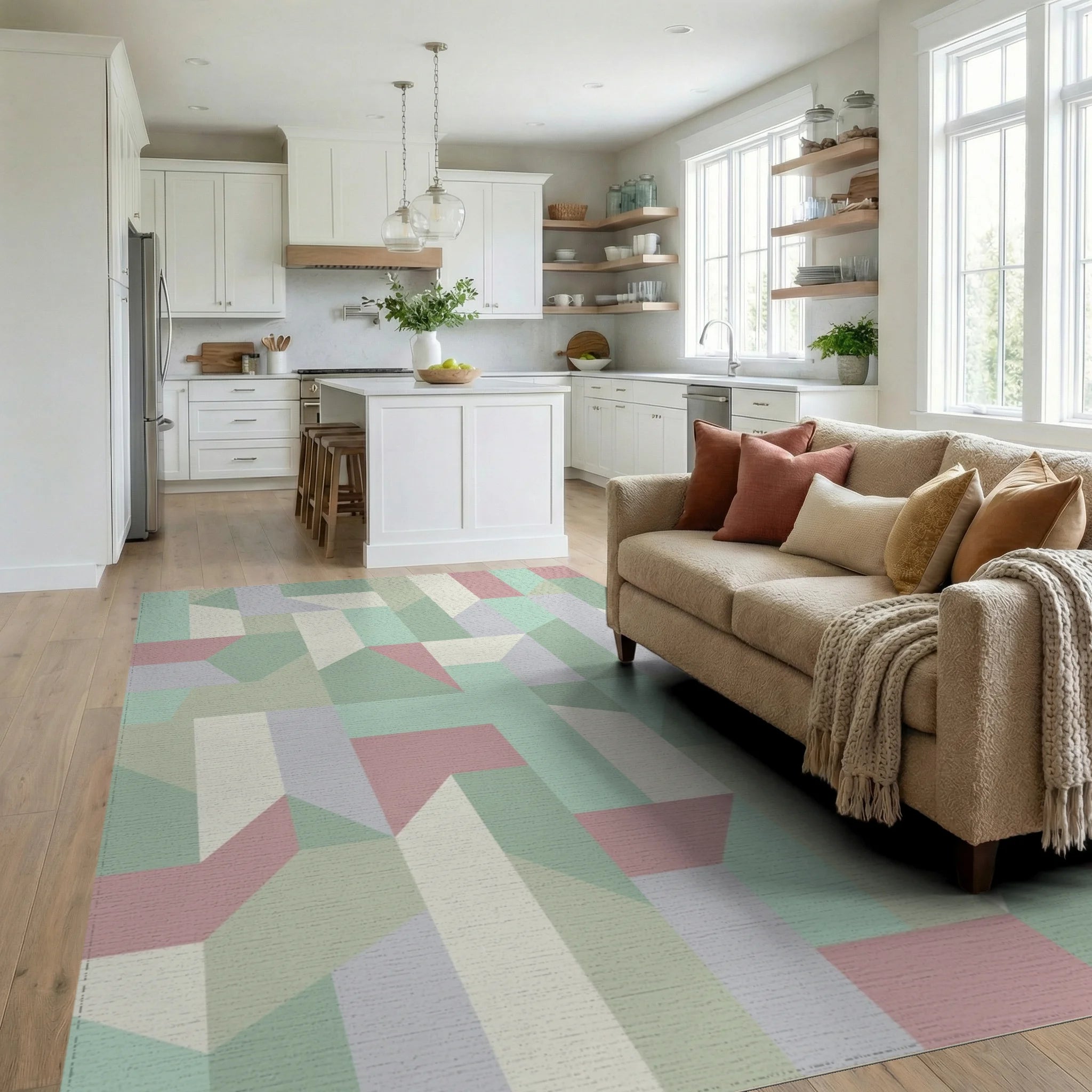 Pastel Geometric Interlocking Block Rug Living Room View