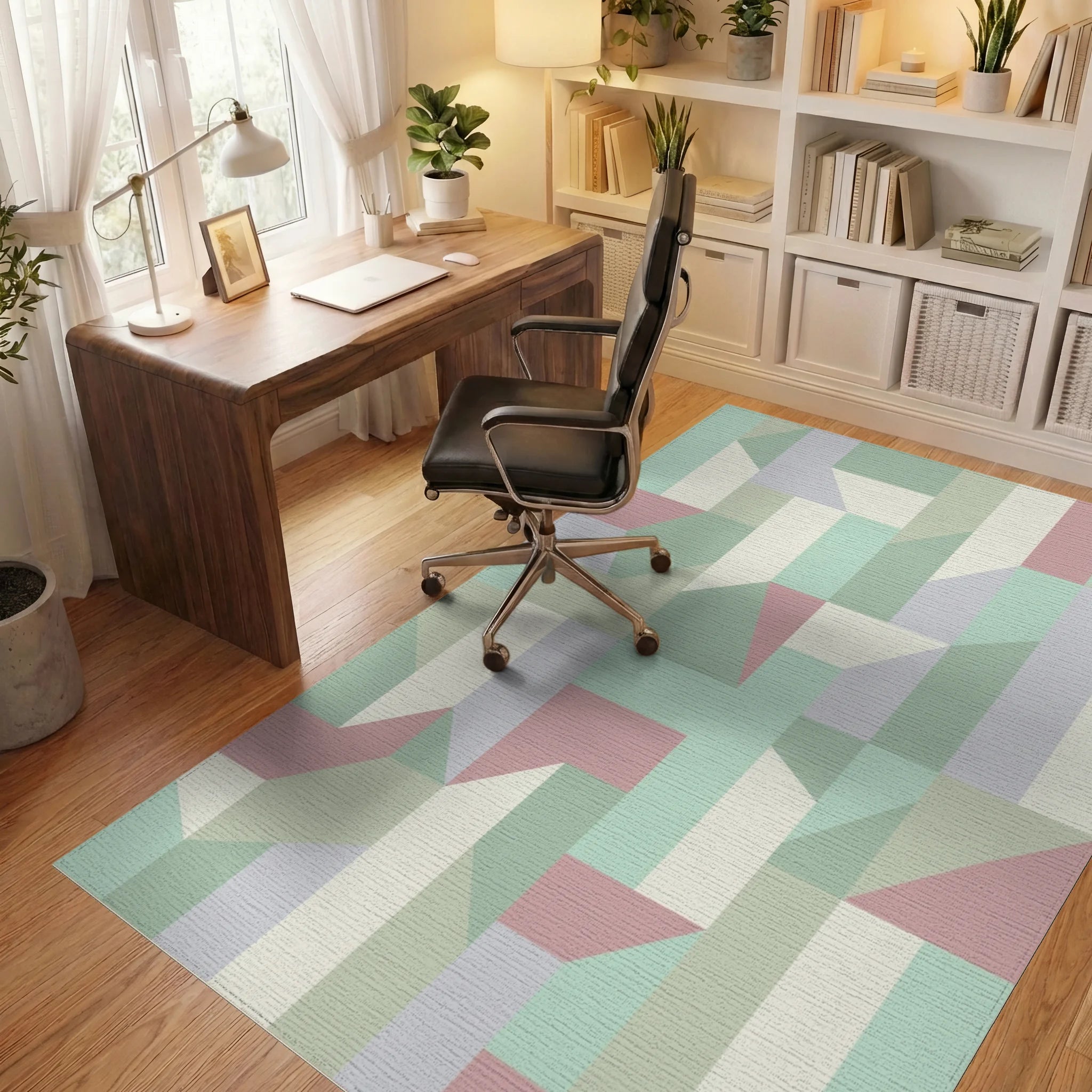 Pastel Geometric Interlocking Block Rug Office View
