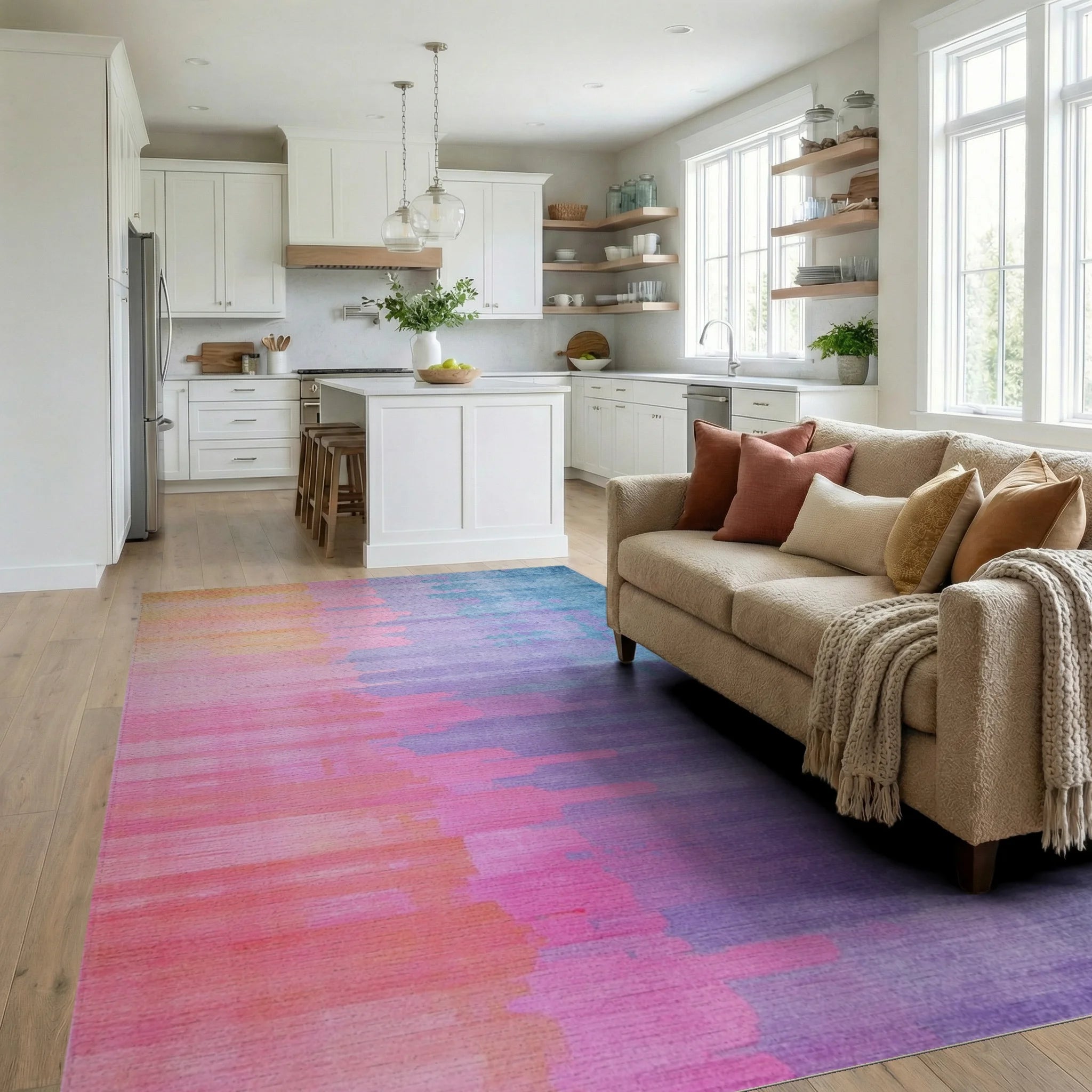 Pastel Gradient Brushstroke Rug - Living Room View
