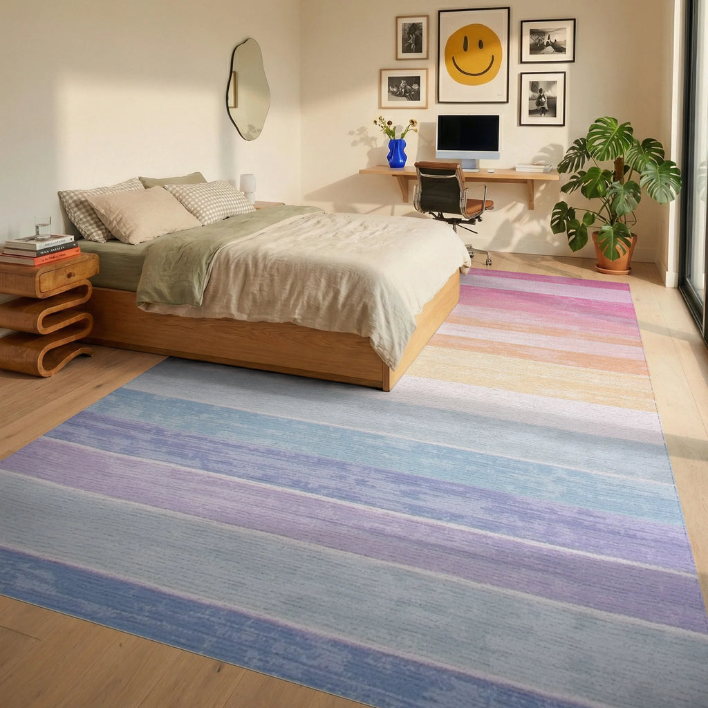Pastel Ombre Striped Design Rug - Bedroom View