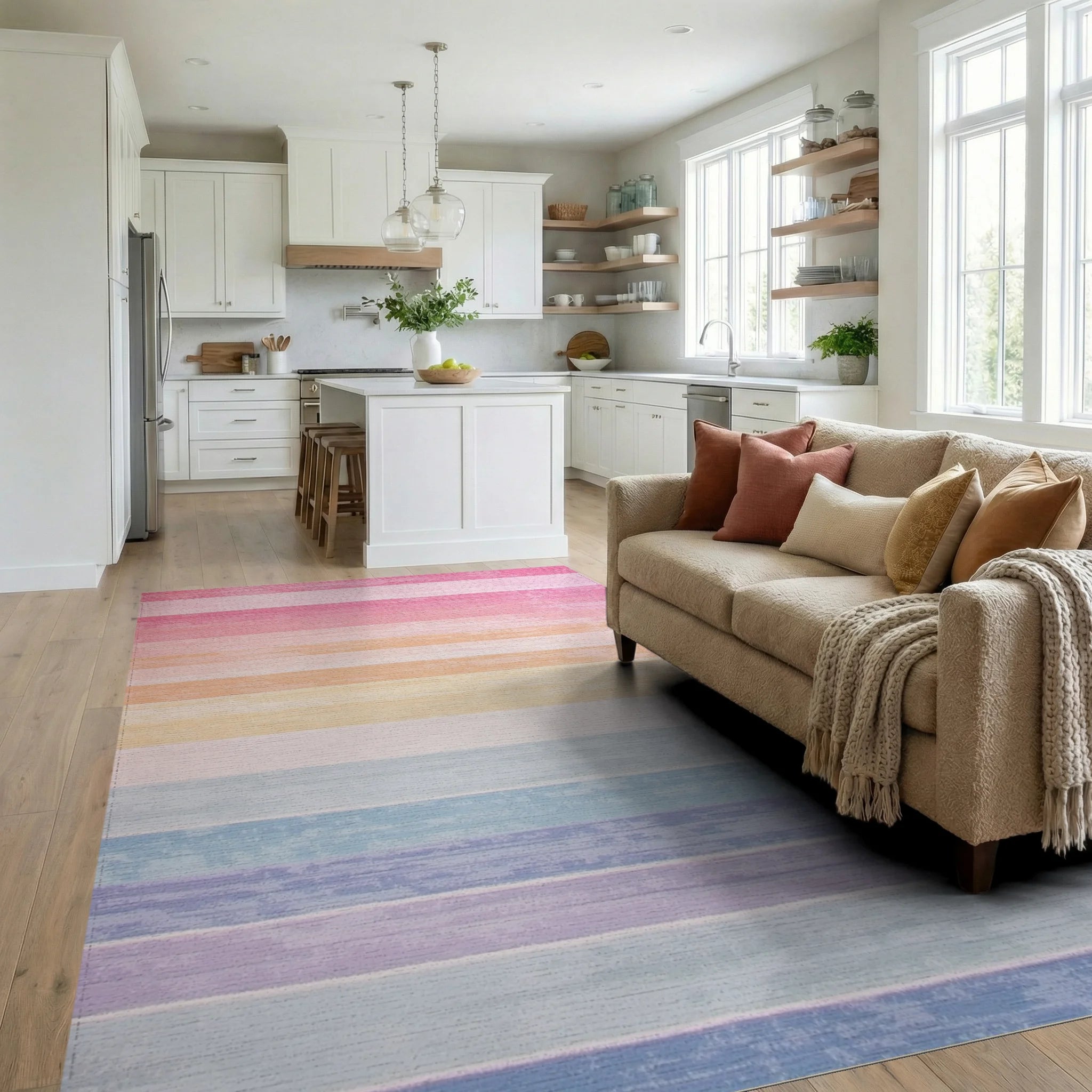 Pastel Ombre Striped Design Rug - Living Room View