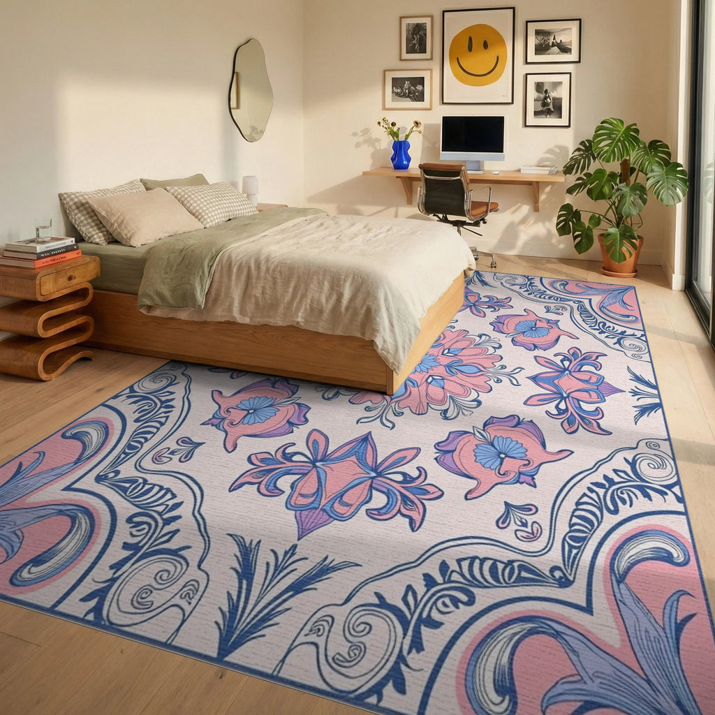 Pastel Pink Blue Floral Mandala Textile Rug Bedroom View