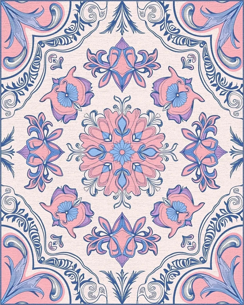 Pastel Pink Blue Floral Mandala Textile Rug - Cutout View
