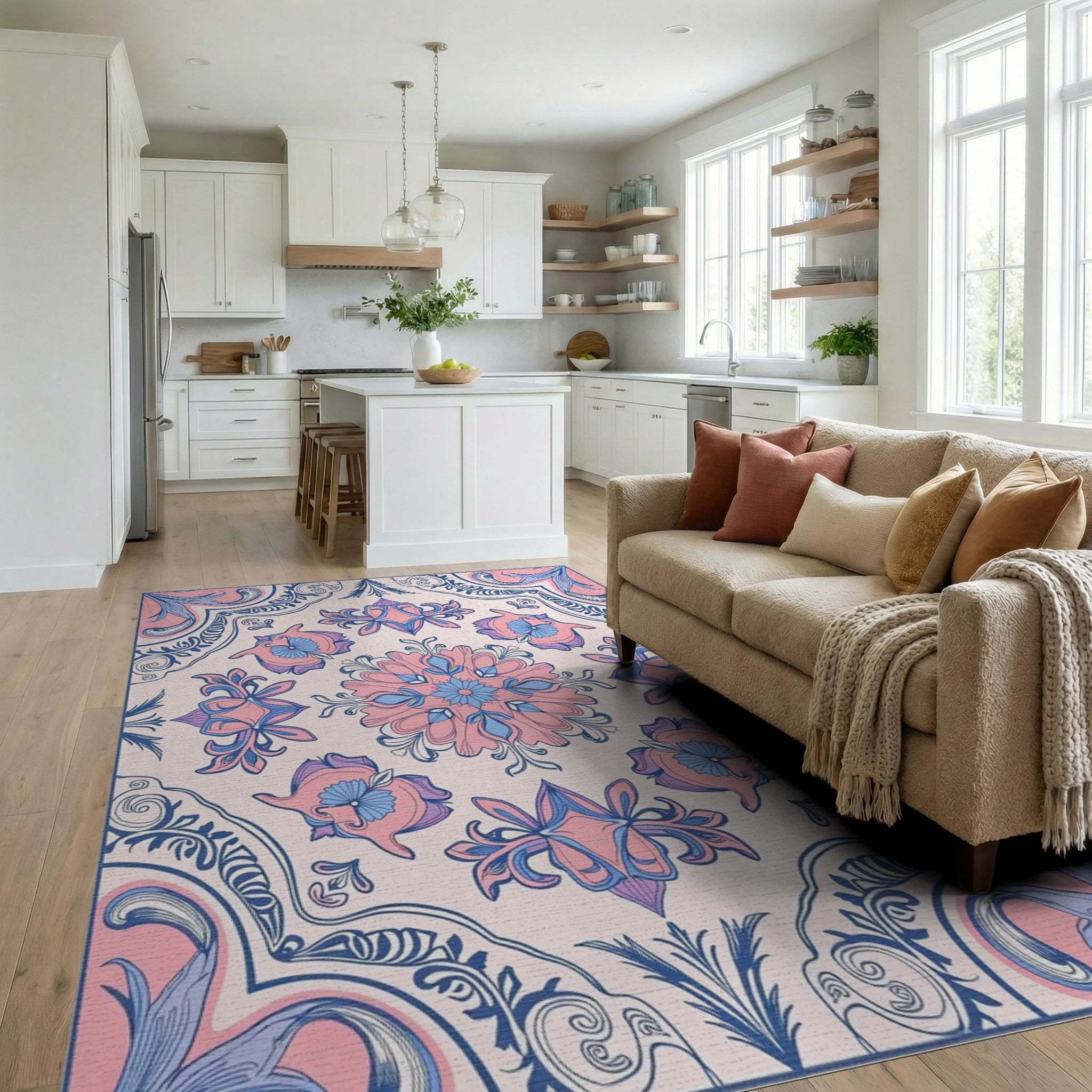 Pastel Pink Blue Floral Mandala Textile Rug Living Room View