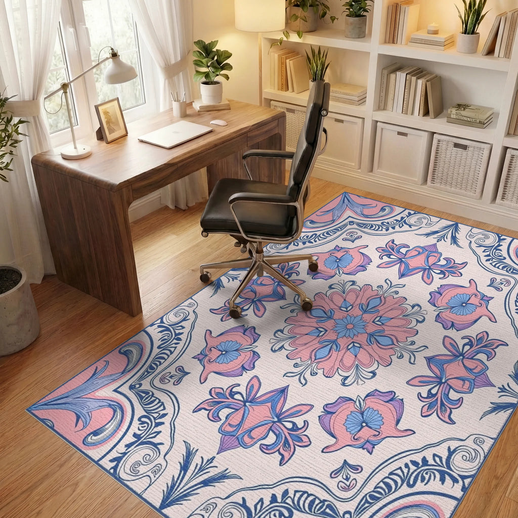 Pastel Pink Blue Floral Mandala Textile Rug Office View