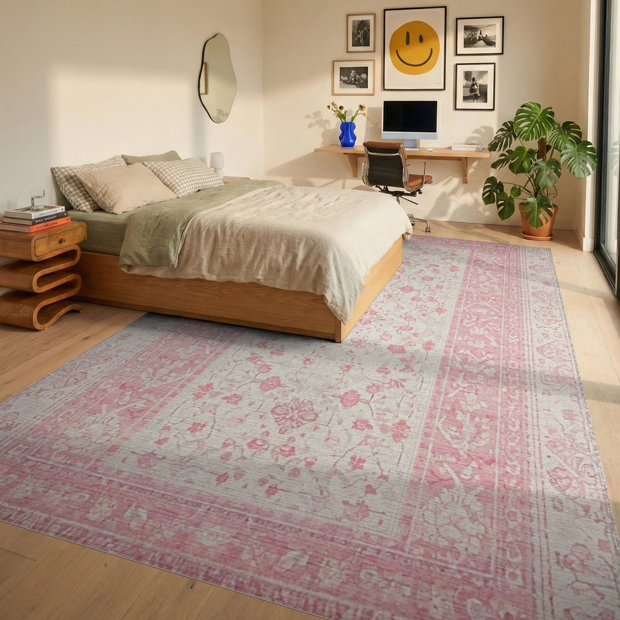 Pastel Pink Botanical Garden Accent Rug - Bedroom View