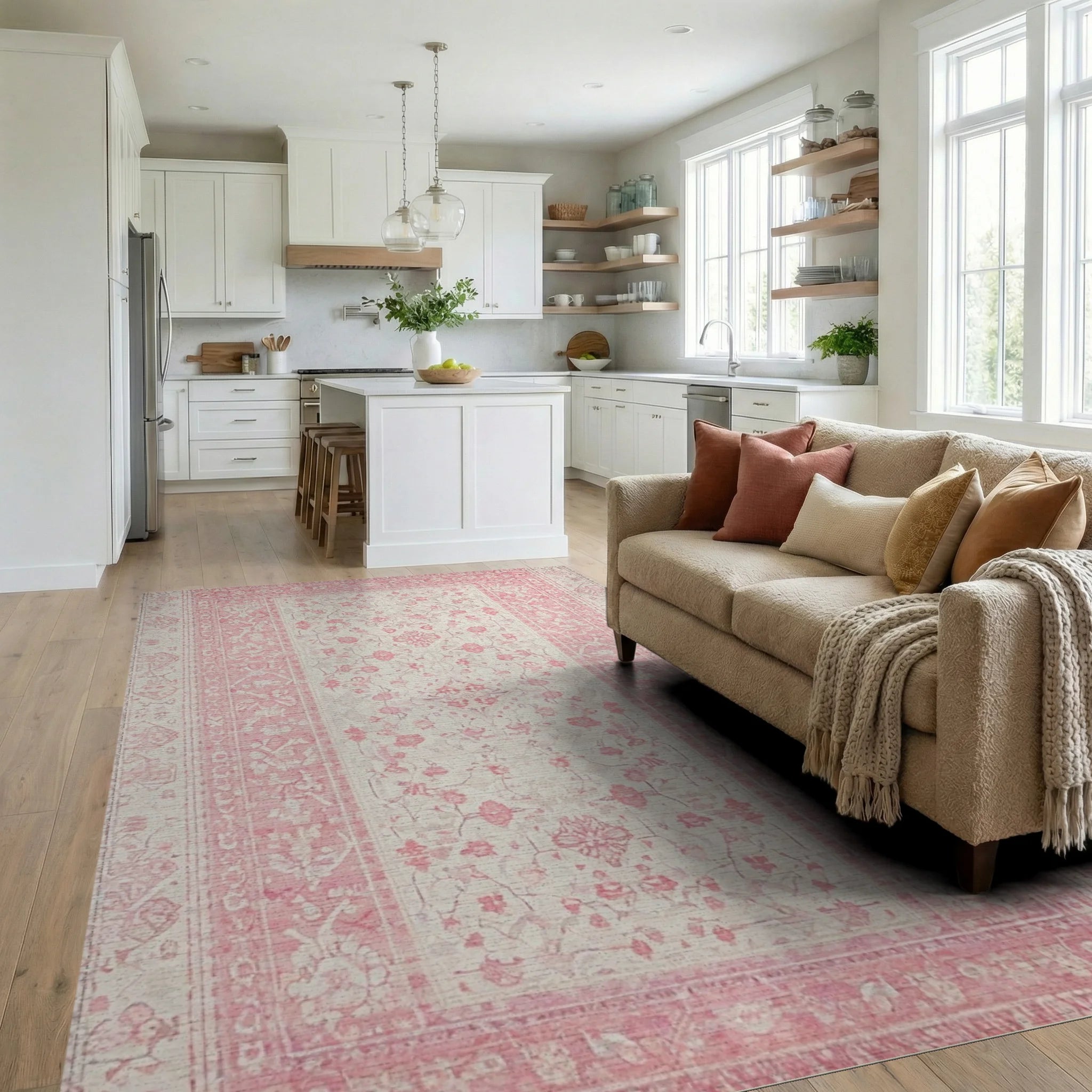 Pastel Pink Botanical Garden Accent Rug - Living Room View