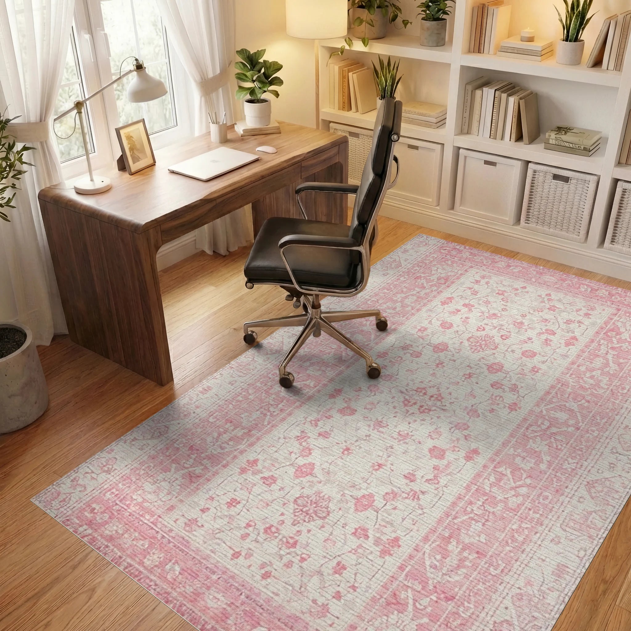 Pastel Pink Botanical Garden Accent Rug - Office View