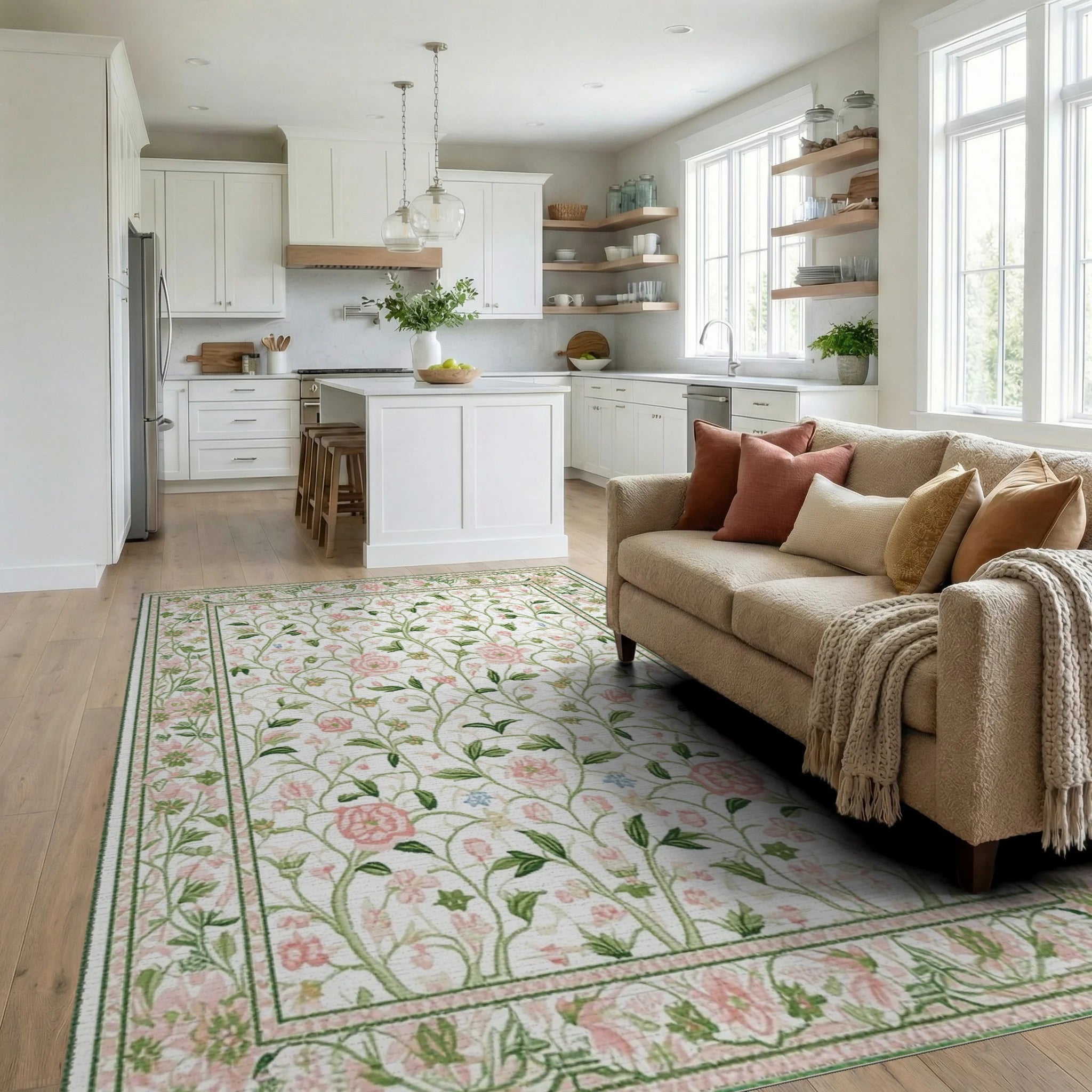 Pastel Pink Floral Garden Vine Rug - Living Room View