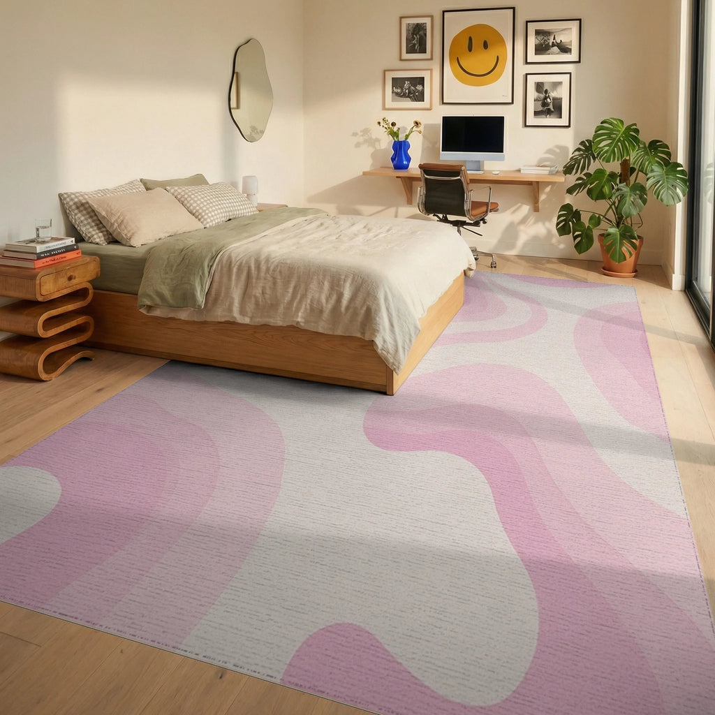 Pastel Pink Swirl Gradient Layered Rug - Bedroom View