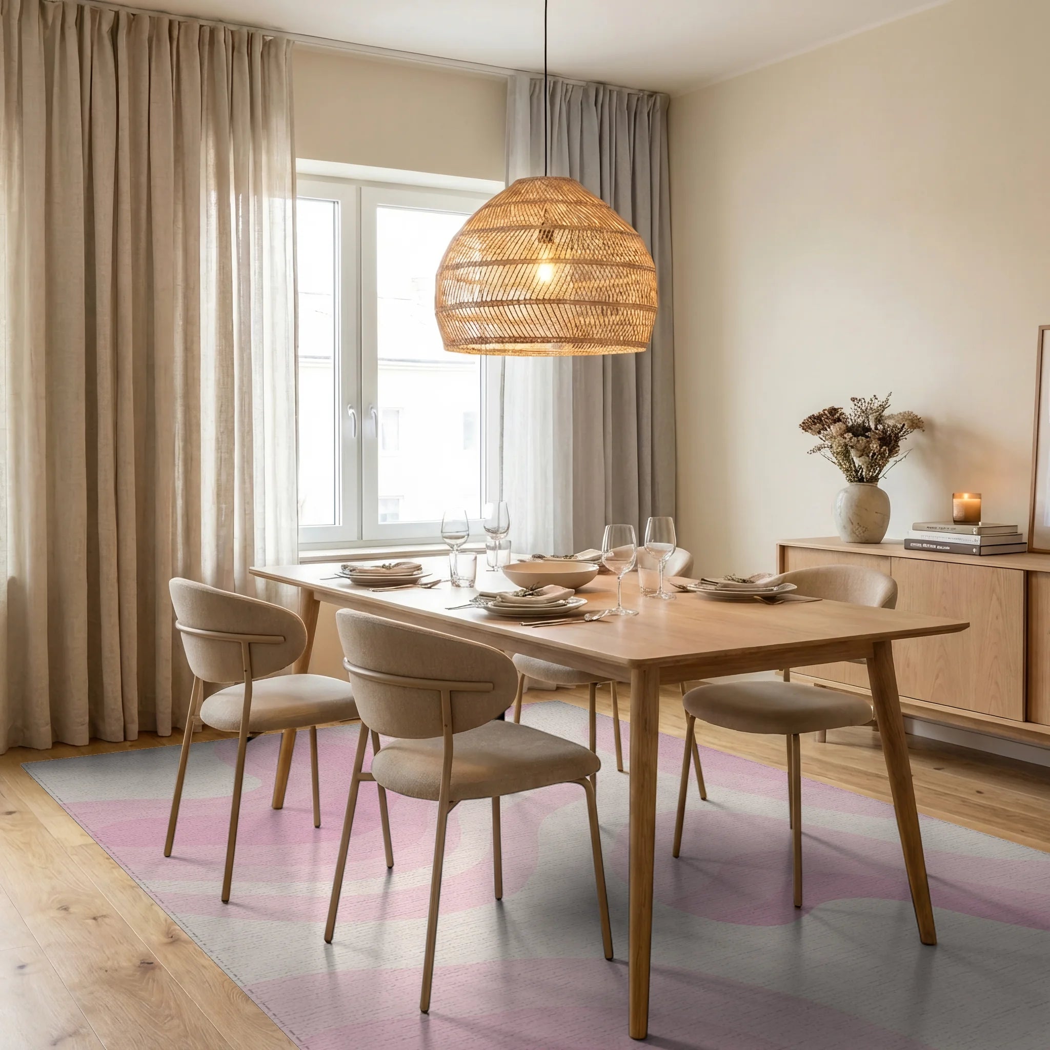 Pastel Pink Swirl Gradient Layered Rug - Dining Room View