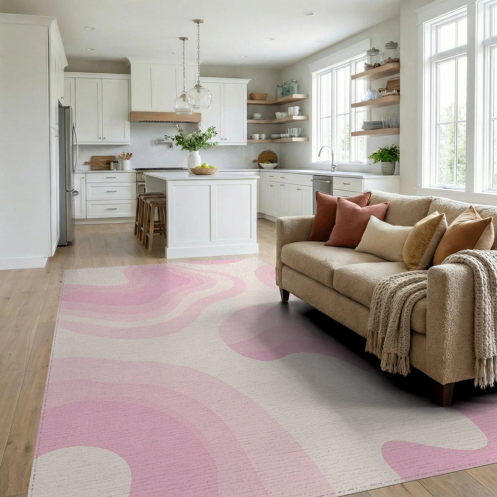 Pastel Pink Swirl Gradient Layered Rug - Living Room View